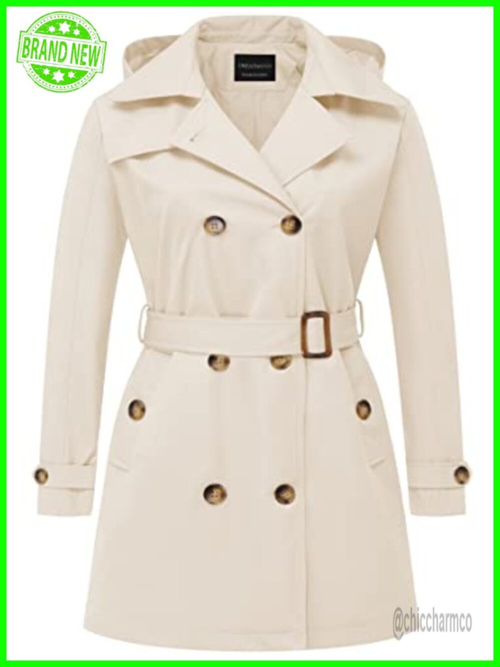 Women's Plus Size Double-Breasted Trench Coat with Detachable Hood & Belt